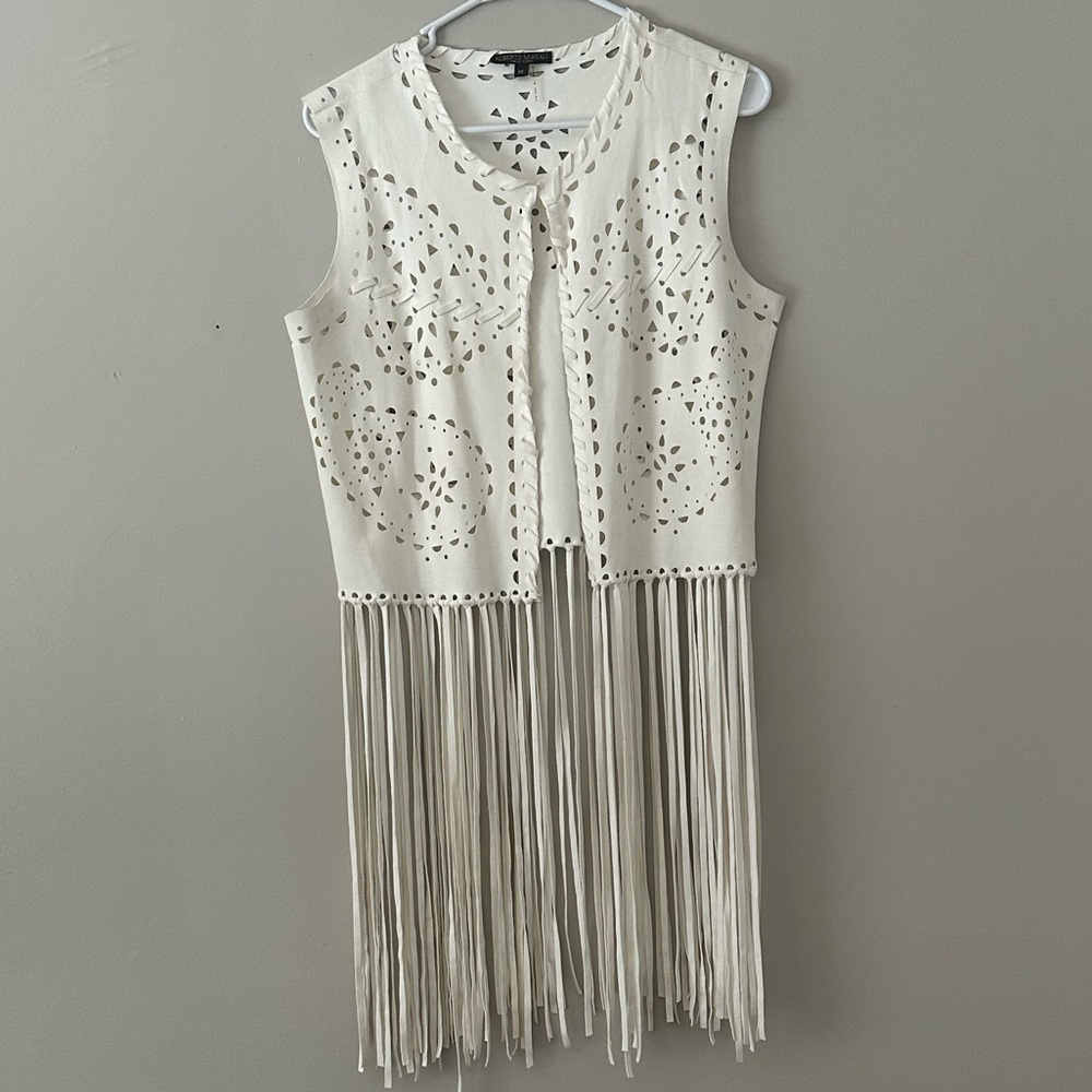 Alberto Makali White Suede Laser Cut Fringe Vest Top Boho Western Size M - Picture 2 of 7